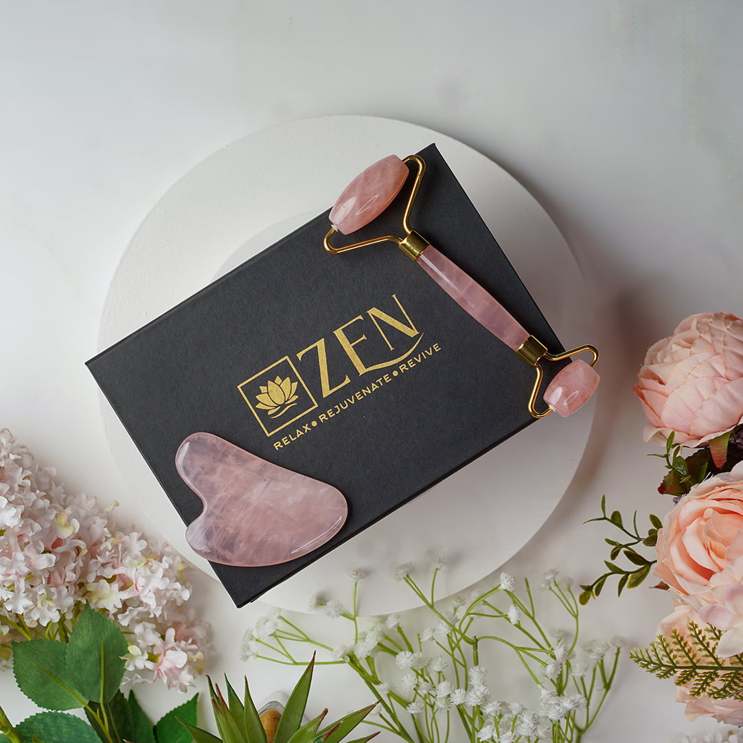 Zen Crystals Natural Rose Quartz Roller and Gua Sha COMBO