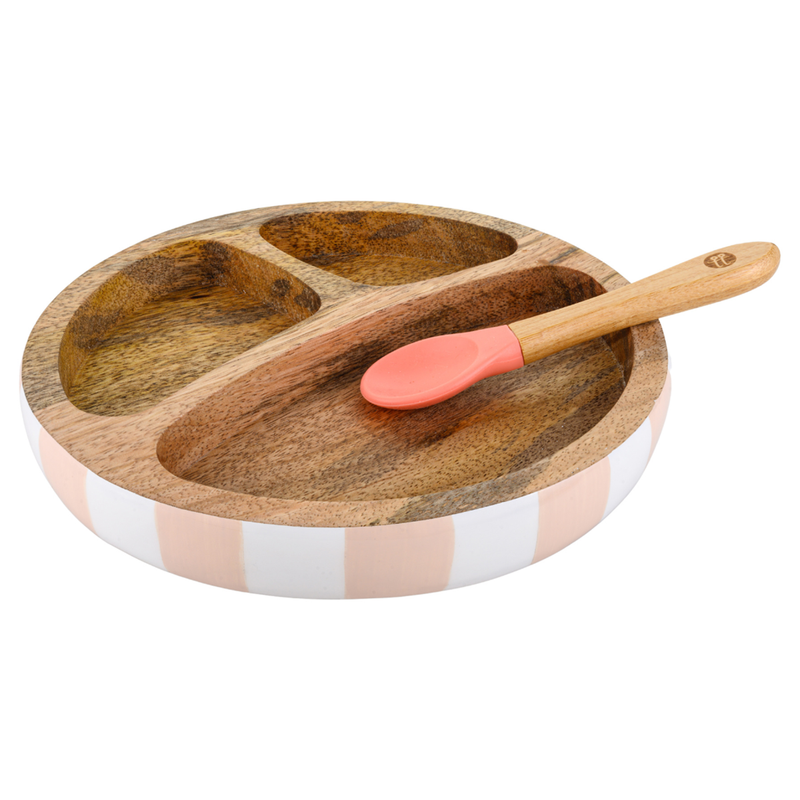 Wooden Round Plate with Silicone Spoon | Stripes | Orange