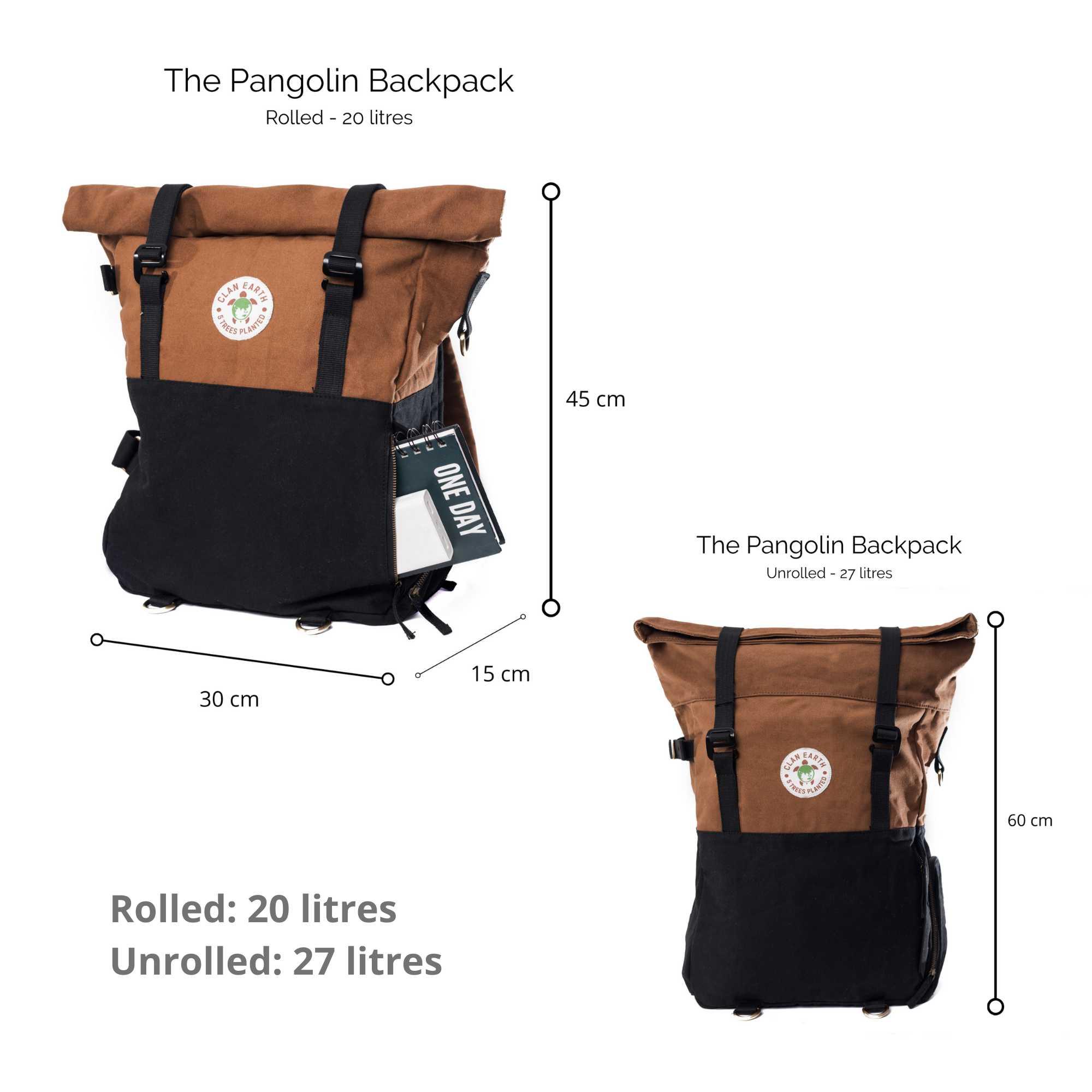 Pangolin Backpack - Water Resistant Canvas Rolltop Travel Backpack - Charcoal Black - Clan Earth