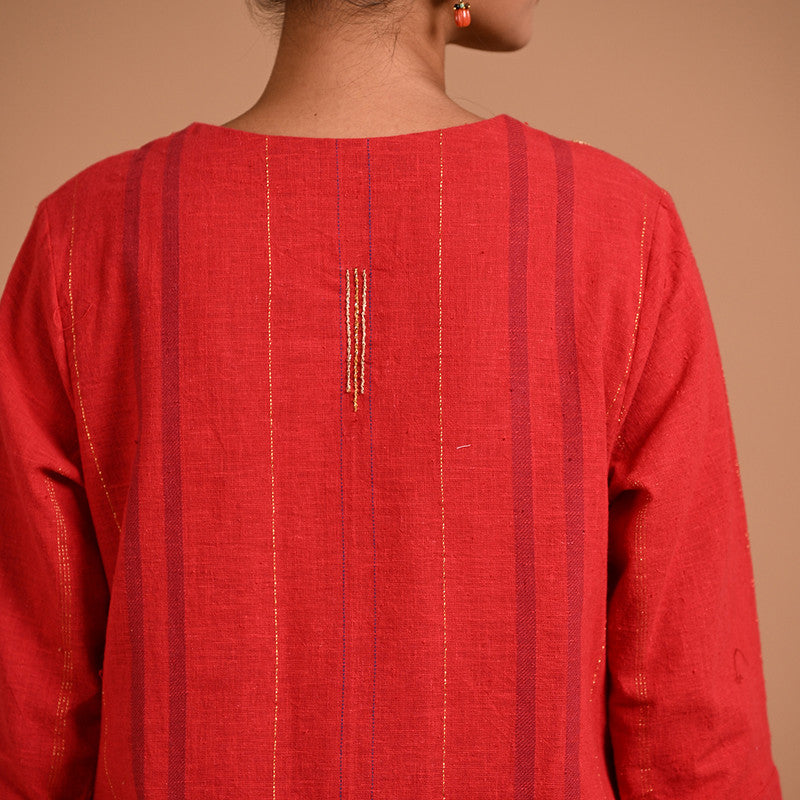 Cotton Solid Tunic For Women | Three-Quarter Sleeves | Gold Lines | Red