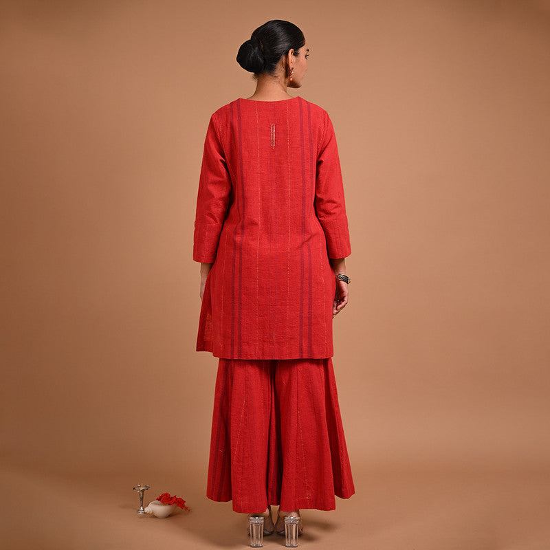 Cotton Solid Tunic For Women | Three-Quarter Sleeves | Gold Lines | Red