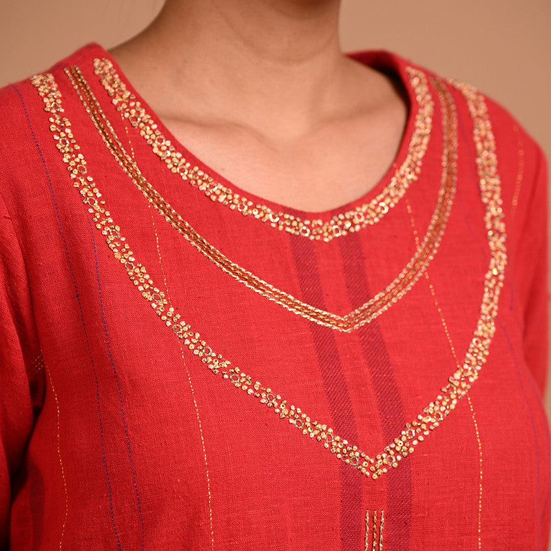 Cotton Solid Tunic For Women | Three-Quarter Sleeves | Gold Lines | Red