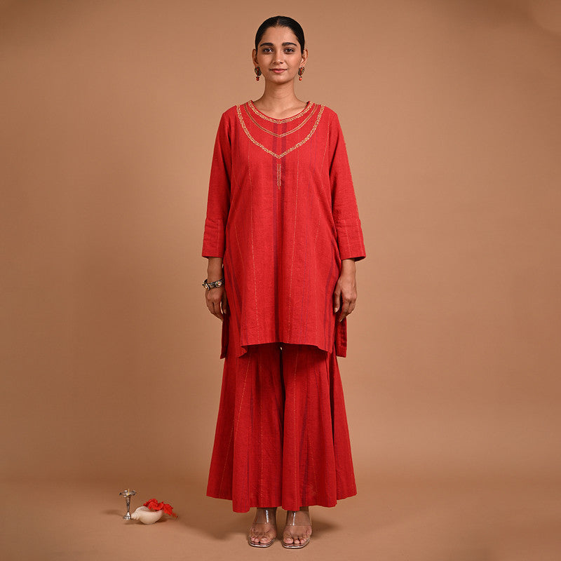 Cotton Solid Tunic For Women | Three-Quarter Sleeves | Gold Lines | Red