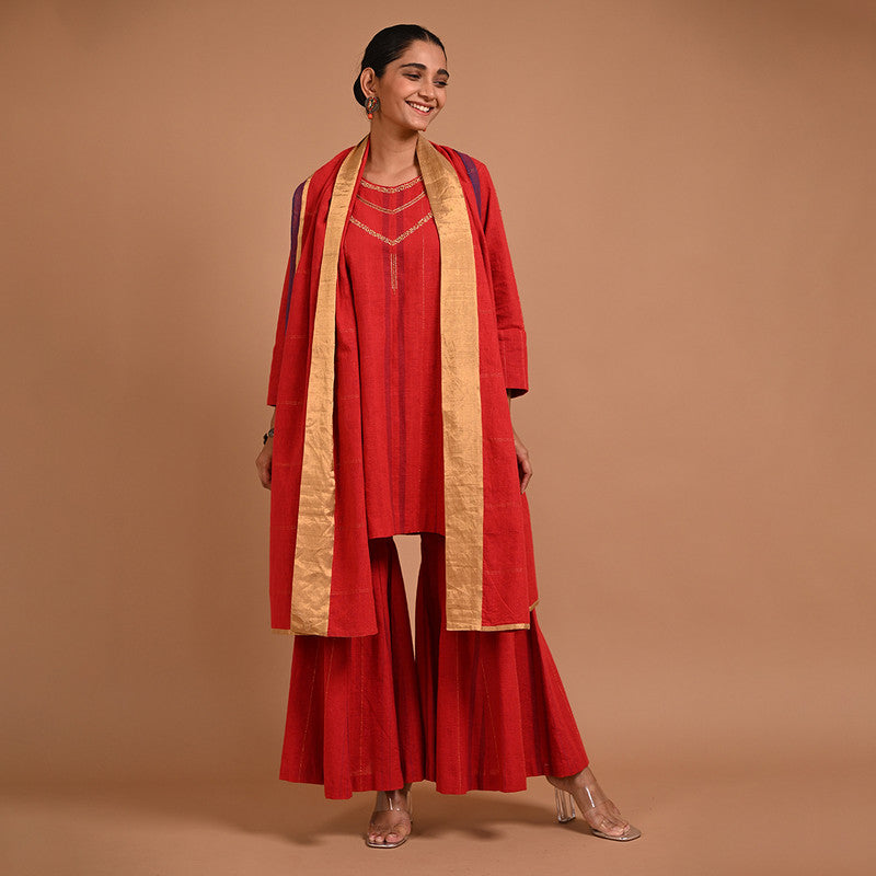 Cotton Solid Tunic For Women | Three-Quarter Sleeves | Gold Lines | Red
