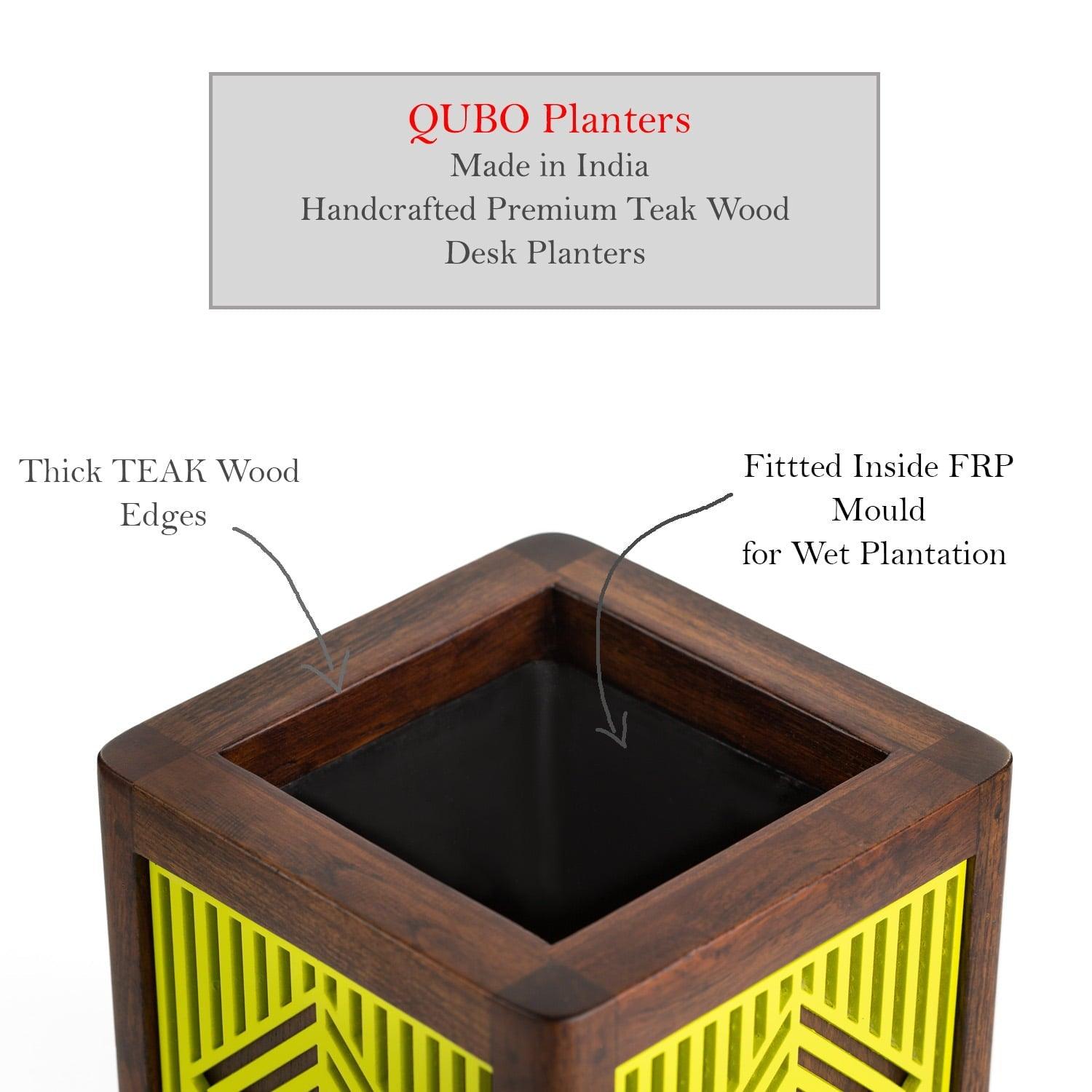 QUBO Musturd Leafy Handmade Wooden Indoor Planter Geometric Pattern Durable Plant Pot