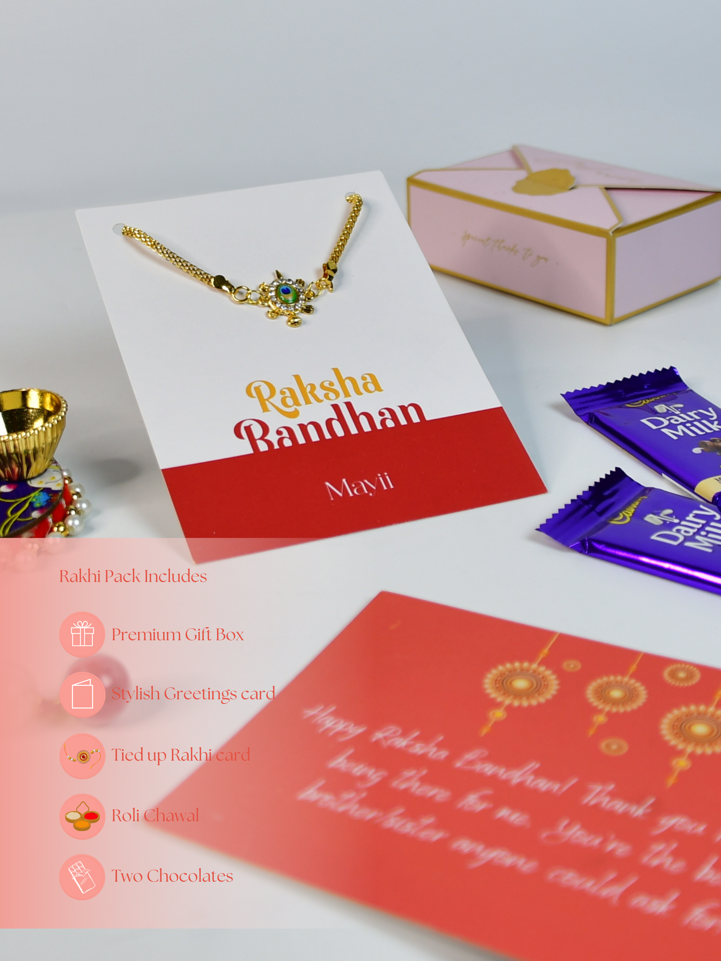 Sowpeace Exquisite Turtle Rakhi Pack of 1 with Roli Chawal Thali, Chocolates, and Greeting card combo for Raksha Bandhan and Gifting