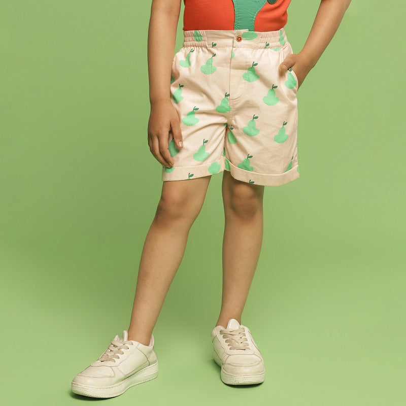 Cotton Shorts For Kids | Pear Printed | Cream