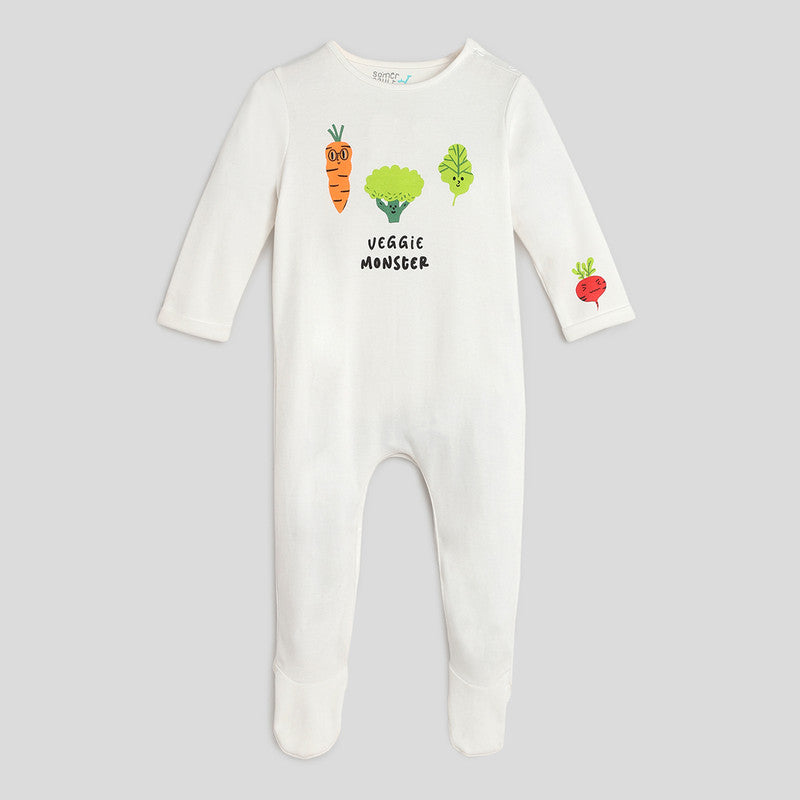 Cotton Sleepsuit For Baby | Vegie Monster | Ecru