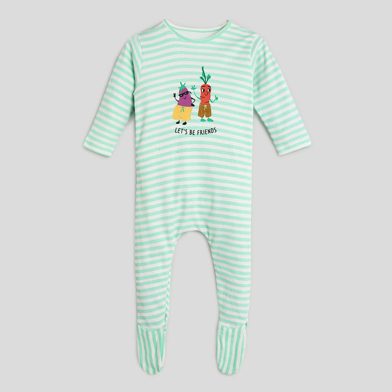 Cotton Sleepsuit For Kids | Eat Your Vegie Stripe | Green