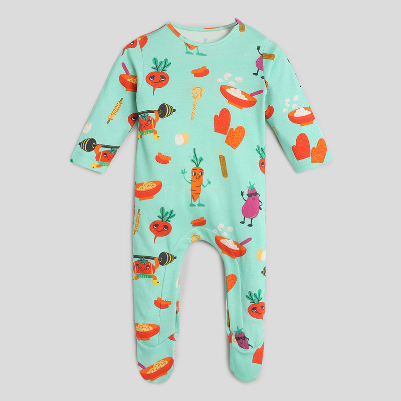 Cotton Sleepsuit For Kids | Eat Your Vegies Printed | Green