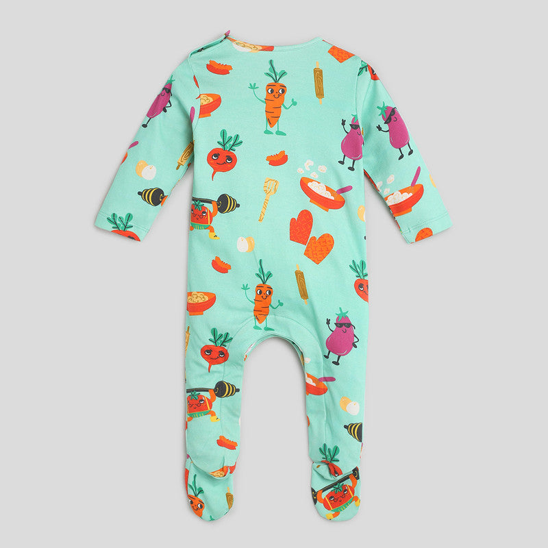 Cotton Sleepsuit For Kids | Eat Your Vegies Printed | Green