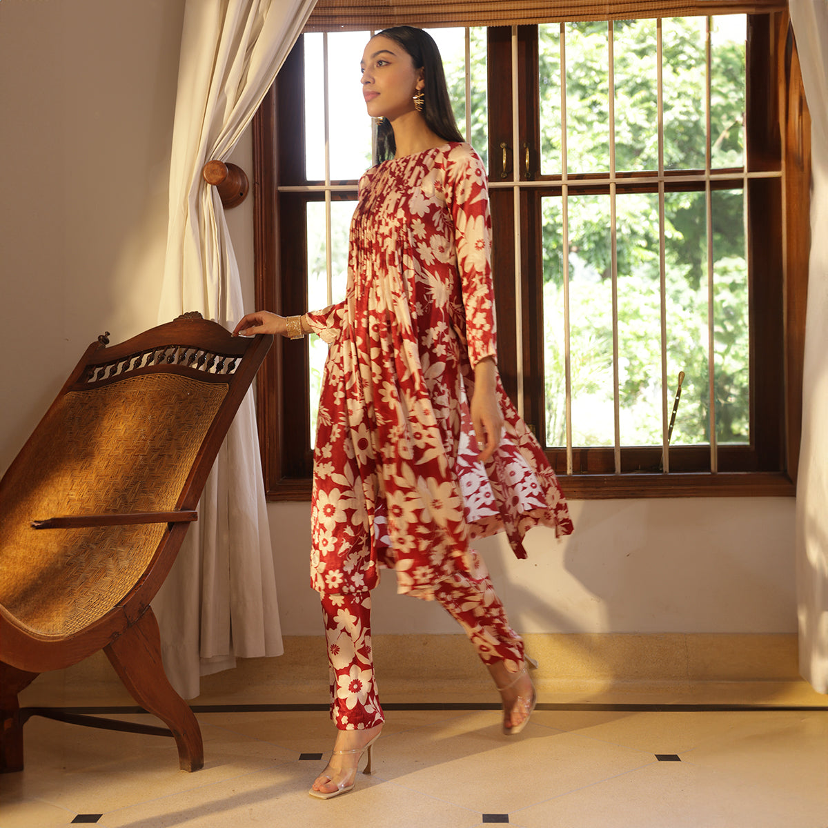 Bemberg Gaji Silk Printed Kurta for Women | Floral | Red