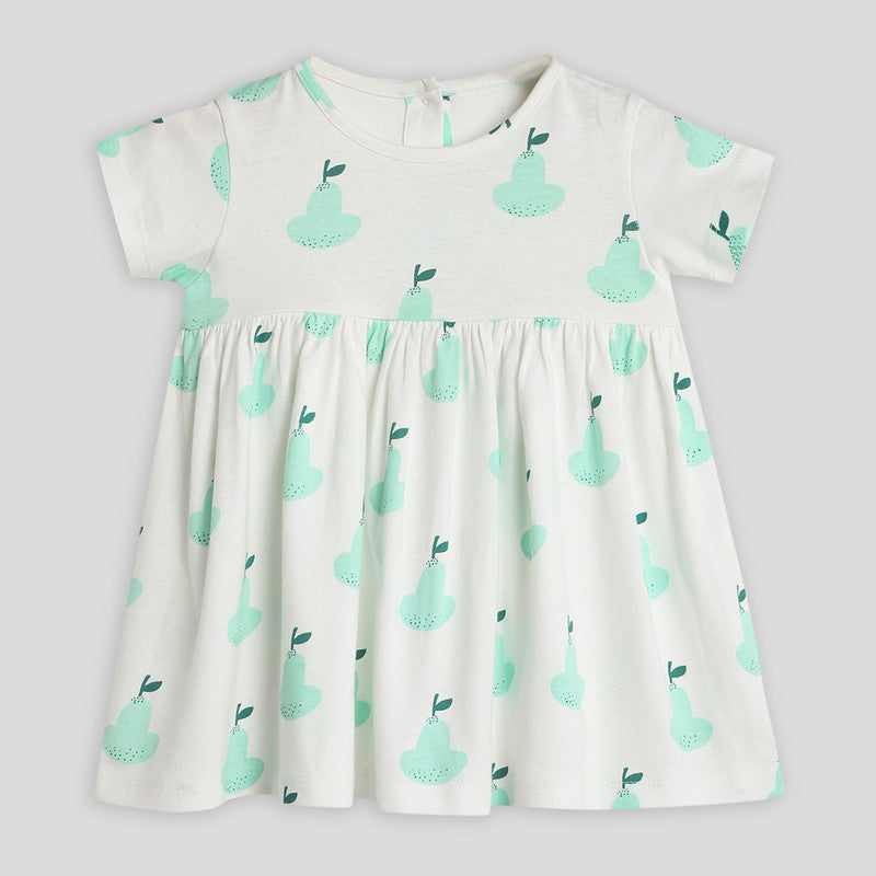 Cotton Dress For Girls | Pear Gathered Printed | Cream