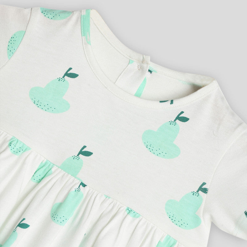 Cotton Dress For Girls | Pear Gathered Printed | Cream