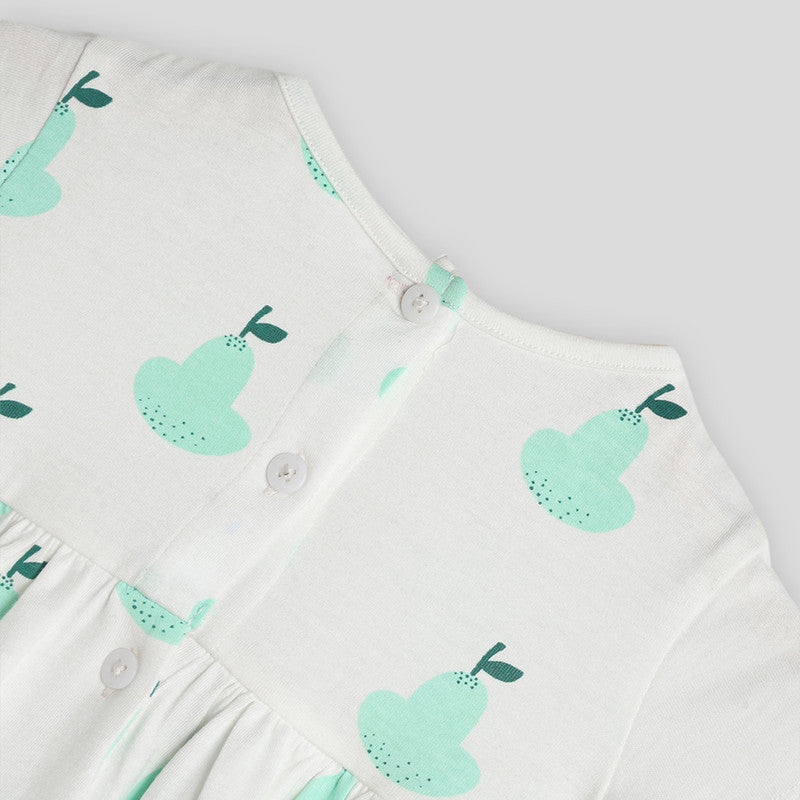 Cotton Dress For Girls | Pear Gathered Printed | Cream