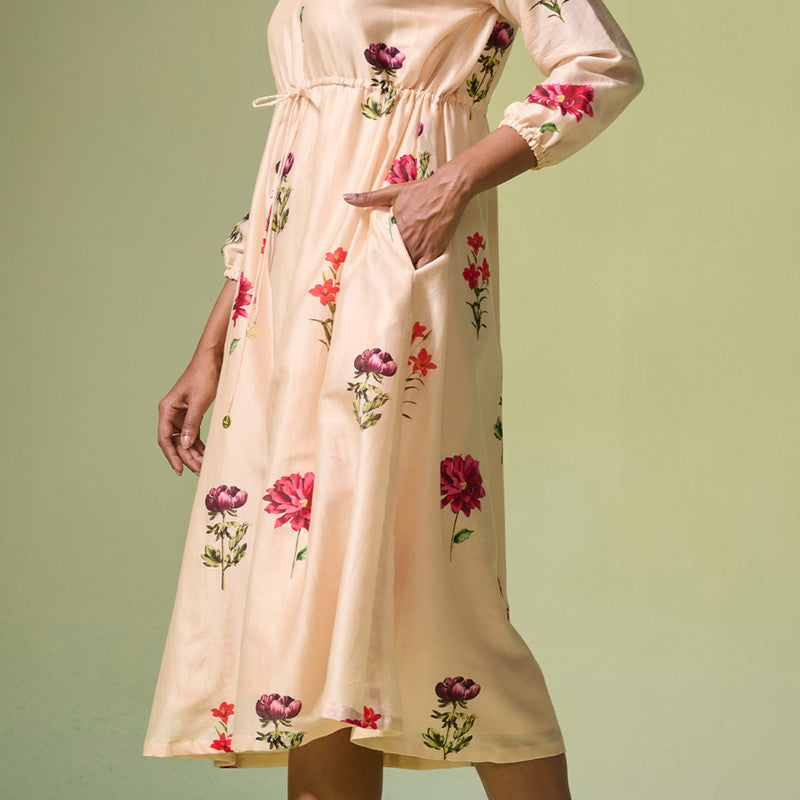 Chanderi Dress For Women | Floral Print | Beige