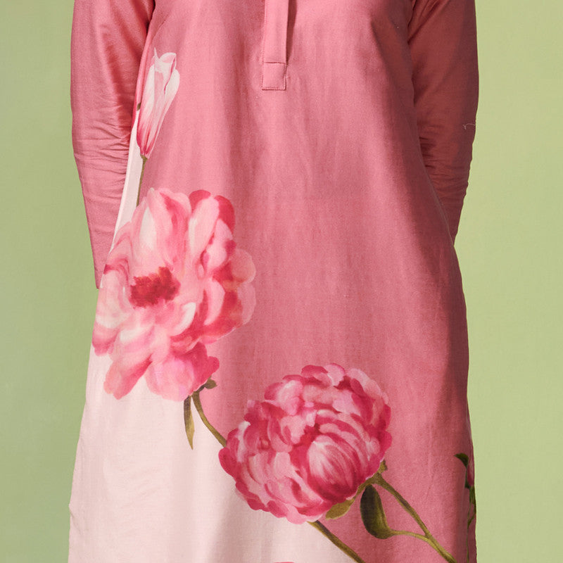 Chanderi Kurta Set For Women | Floral Printed | Pink