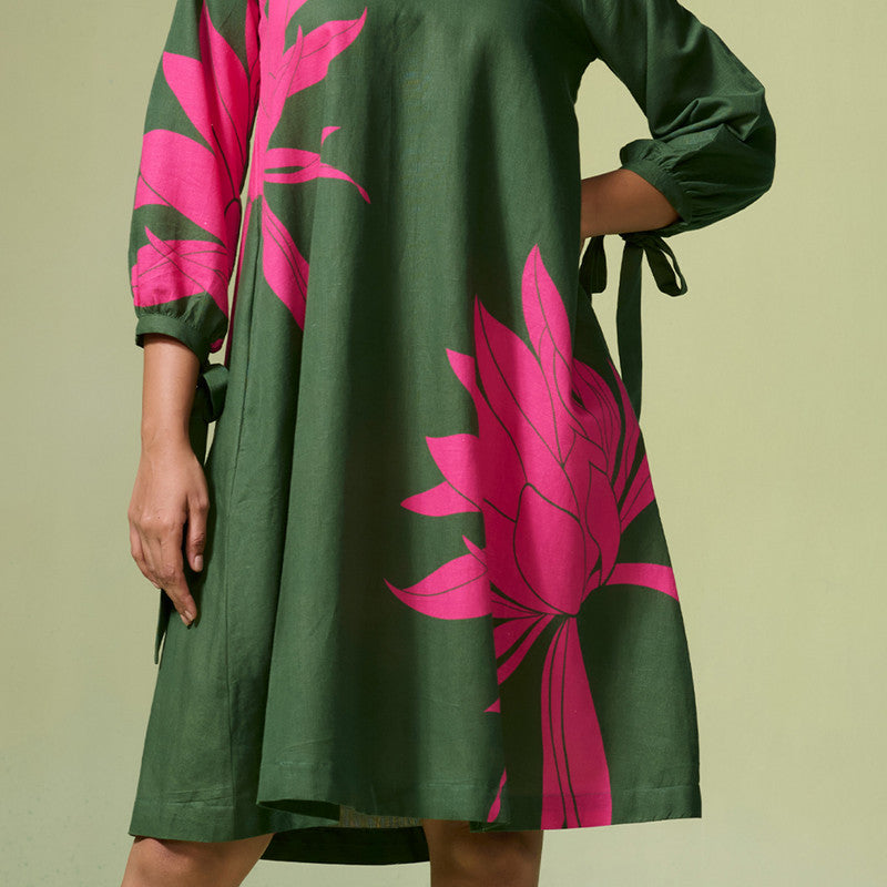 Linen Dress For Women | Floral Printed | Dark Green