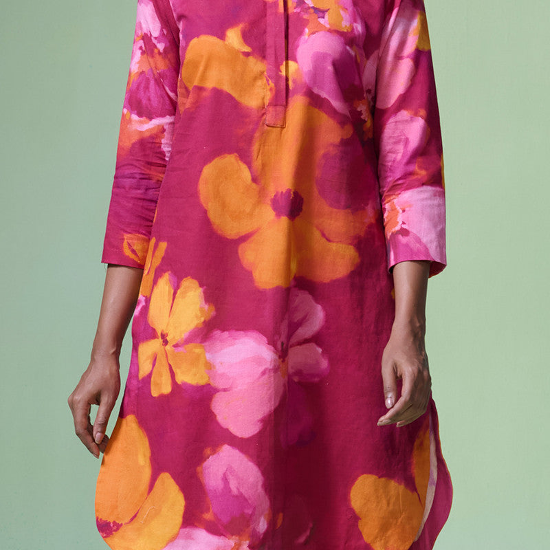 Linen Pink Kurta Set For Women | Floral Printed