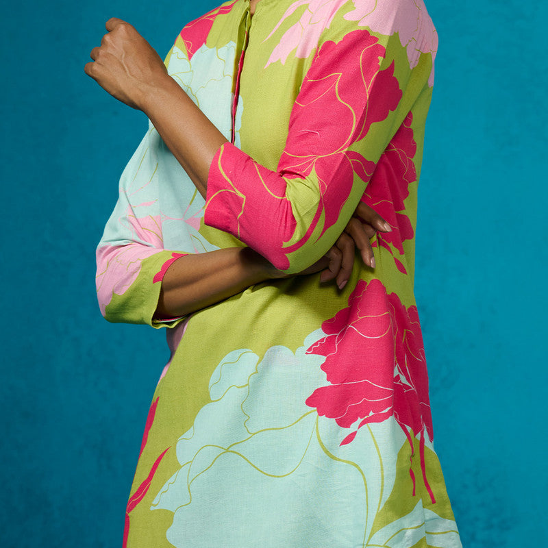 Linen Kurta Set For Women | Floral Printed | Lime Green