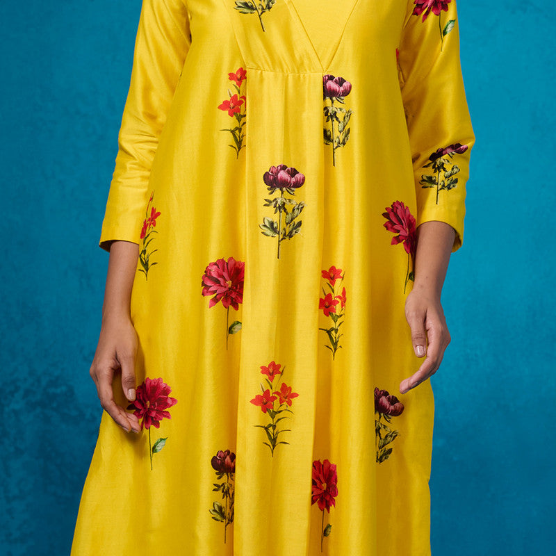 Chanderi Kurta Set For Women | Floral Printed | Mustard Yellow