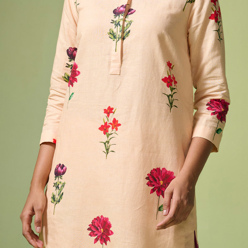 Linen Kurta Set For Women | Floral Printed | Beige