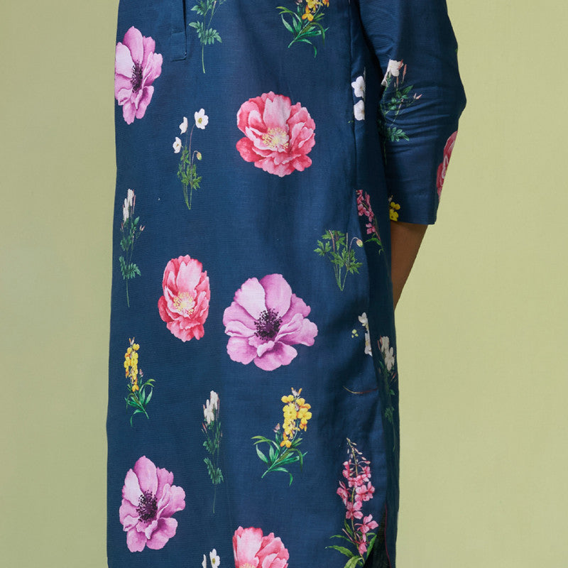 Linen Kurta Set For Women | Floral Printed | Navy Blue