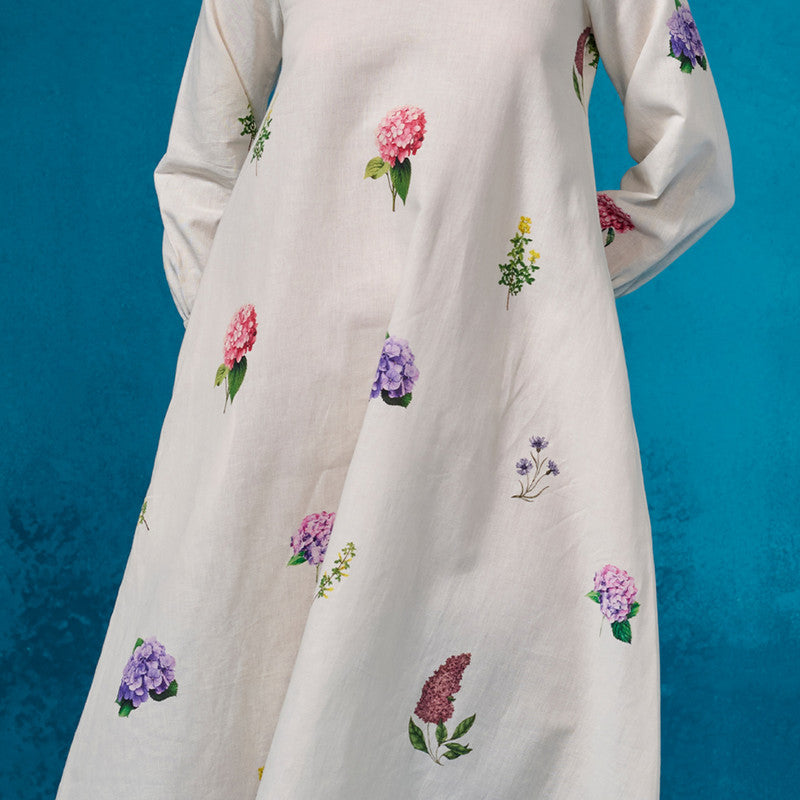 Chanderi Dress For Women | Floral Printed | Ivory