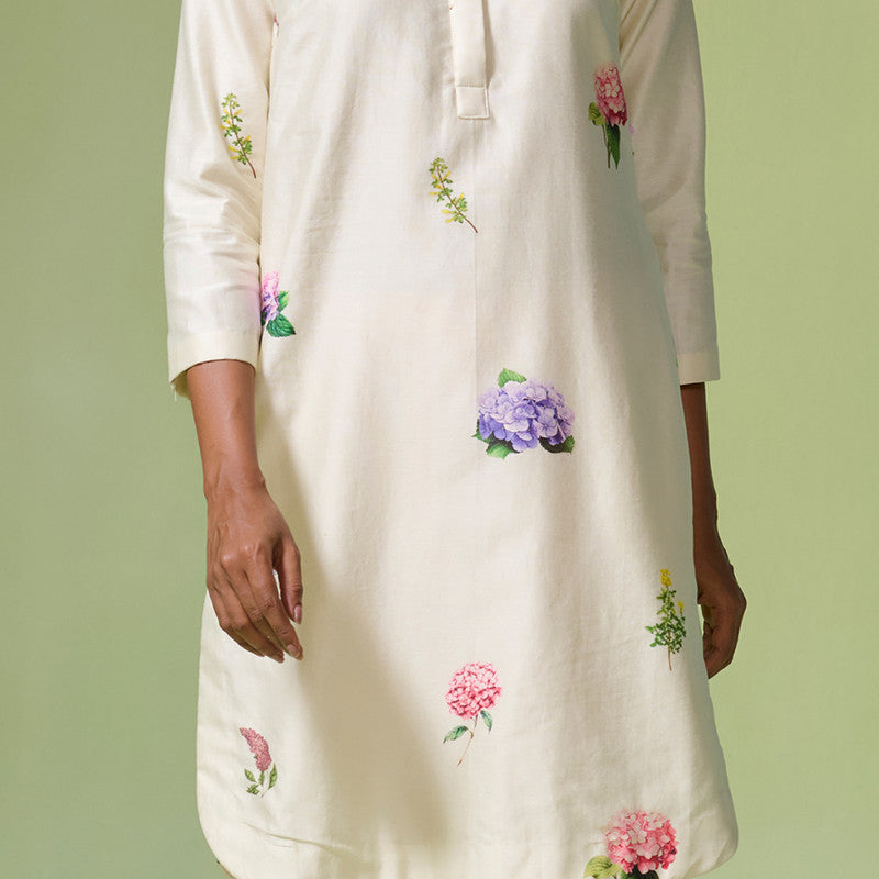 Chanderi Kurta Set For Women | Floral Printed | Beige