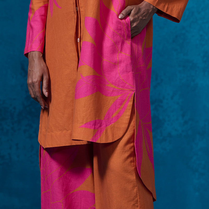 Chanderi Kurta Set For Women | Floral Printed | Orange