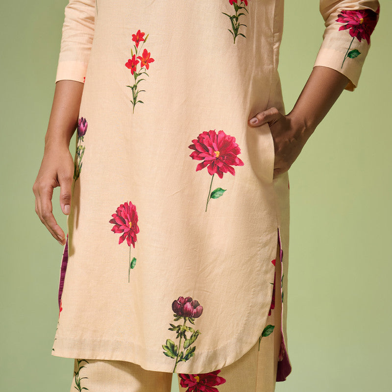 Linen Kurta Set For Women | Floral Printed | Beige