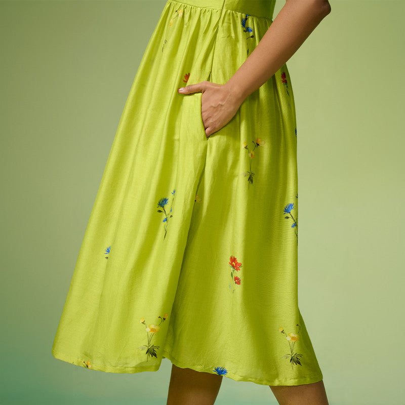 Chanderi Dress For Women | Floral Print | Lime Green