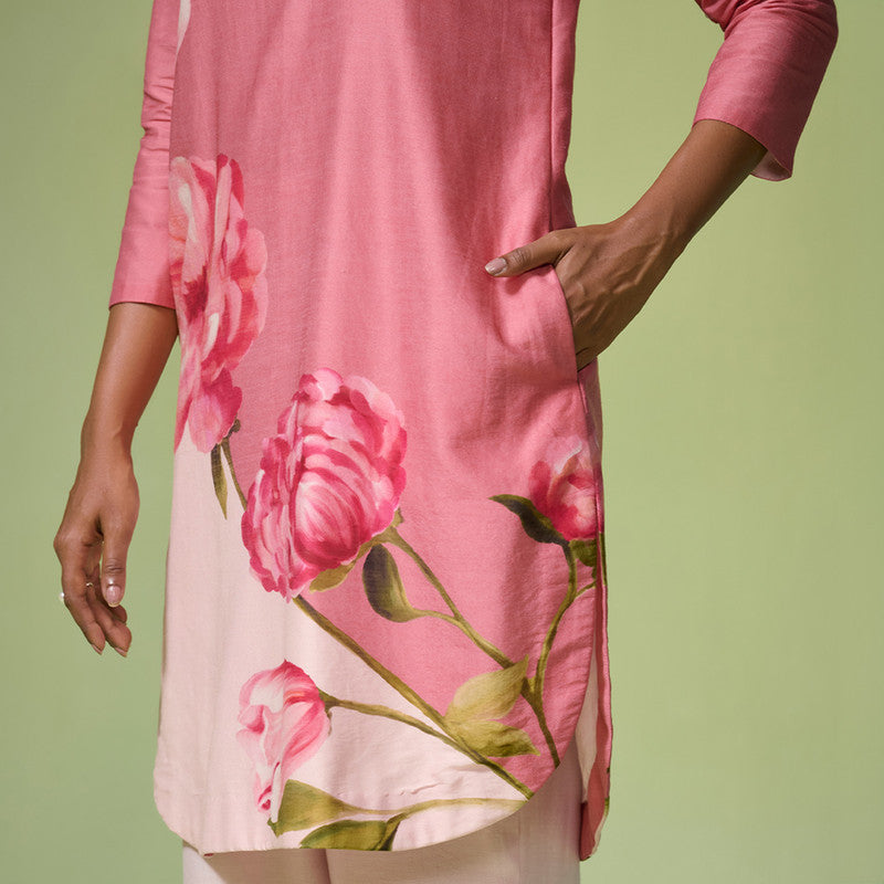 Chanderi Kurta Set For Women | Floral Printed | Pink