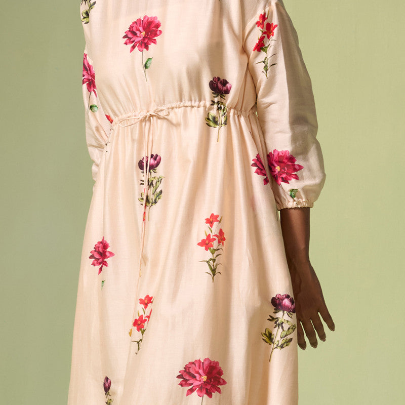 Chanderi Dress For Women | Floral Print | Beige