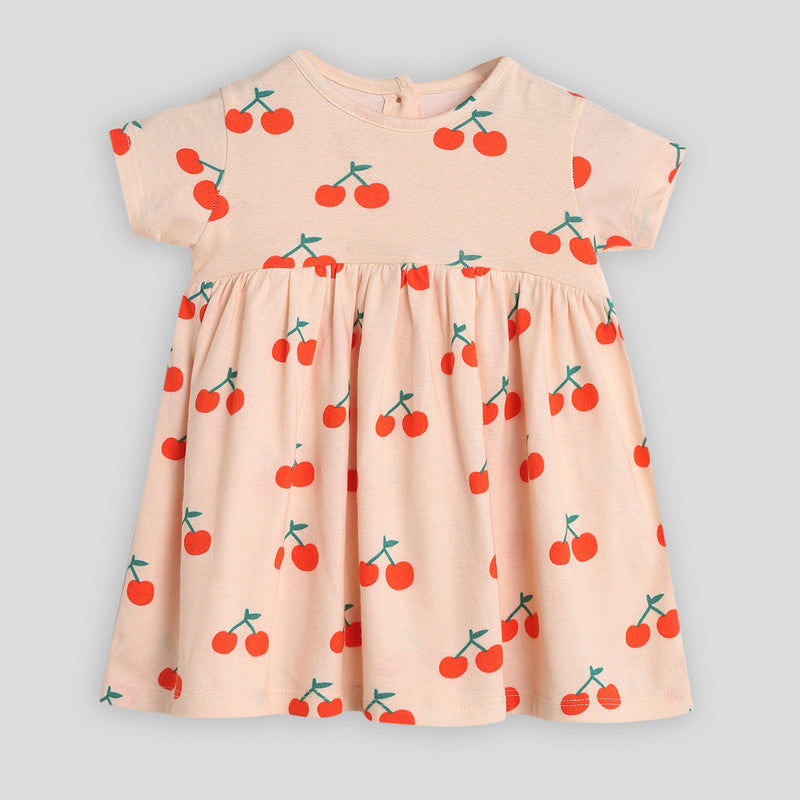 Cotton Dress For Girls | Cherry Gathered Printed | Cream