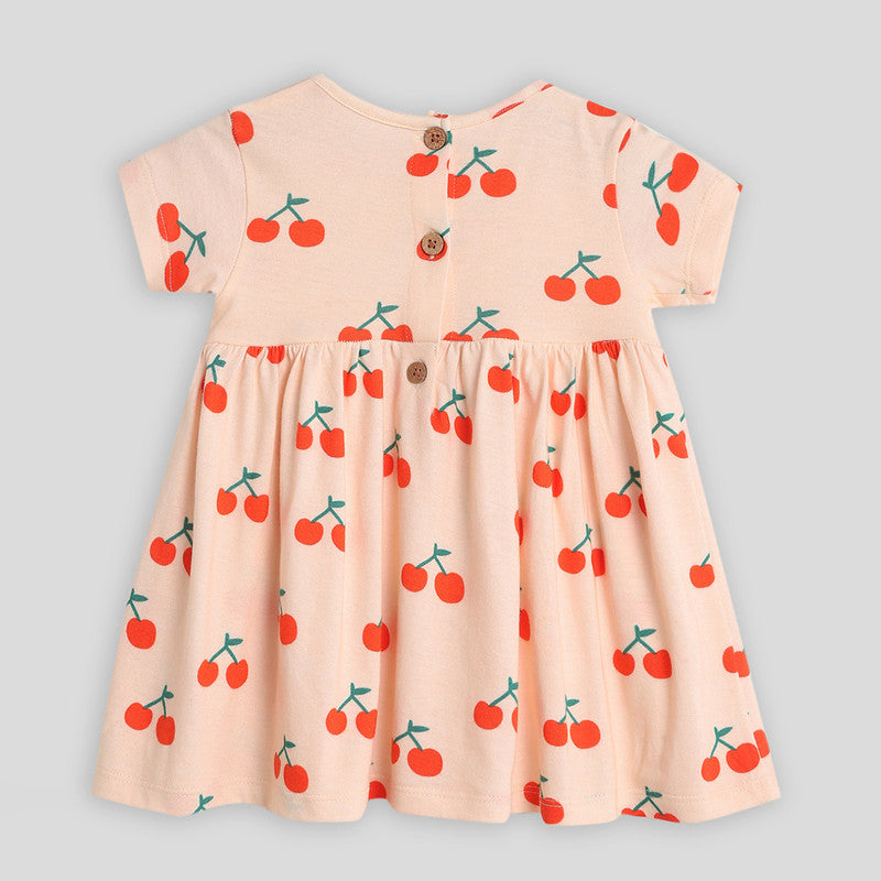 Cotton Dress For Girls | Cherry Gathered Printed | Cream