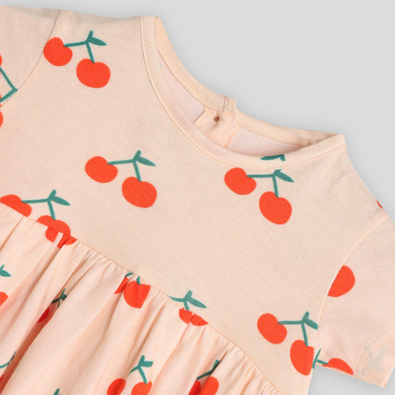 Cotton Dress For Girls | Cherry Gathered Printed | Cream