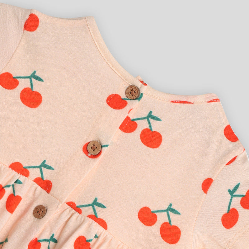 Cotton Dress For Girls | Cherry Gathered Printed | Cream