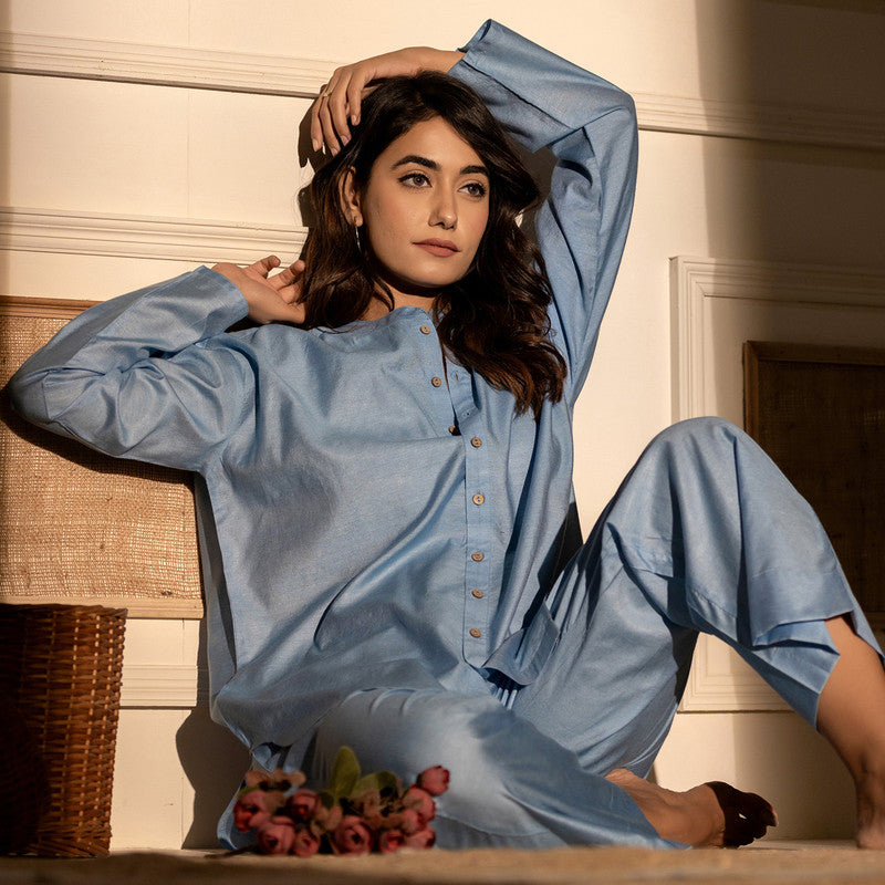 Mulberry Silk Women Sleepwear Co-Ord Set | Blue | Azo-Free Dyed