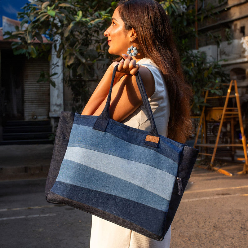 Upcycled Denim Laptop Tote Bag | Striped | Blue | Unisex