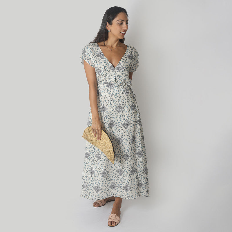 Bemberg Crepe Maxi Dress | Drawstring | White & Blue