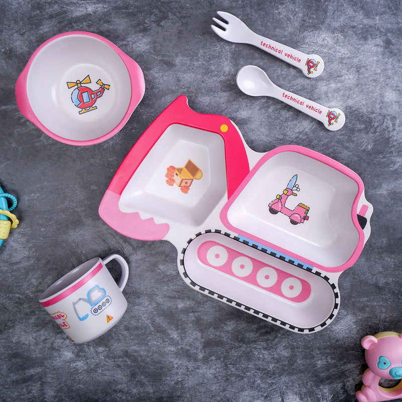 Bamboo Kids Dinner Set | Bold Bulldozer | Pink | Set of 5