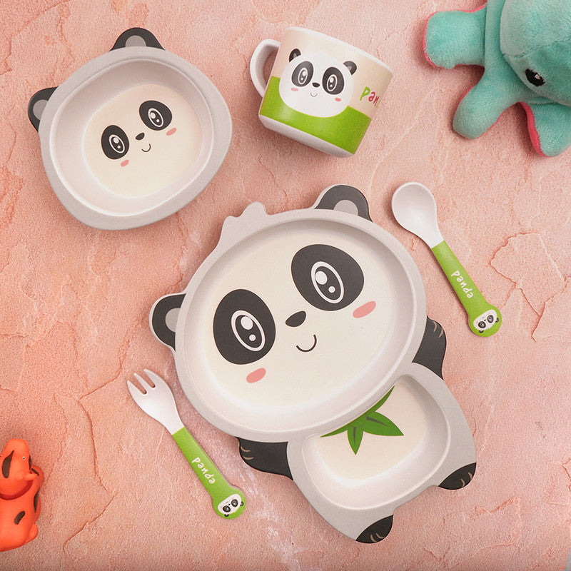 Bamboo Kids Dinner Set | Playful Panda | White & Green | Set of 5