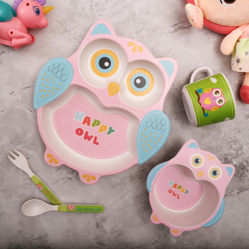 Bamboo Kids Dinner Set | Obedient Owl | Pink & Green | Set of 5