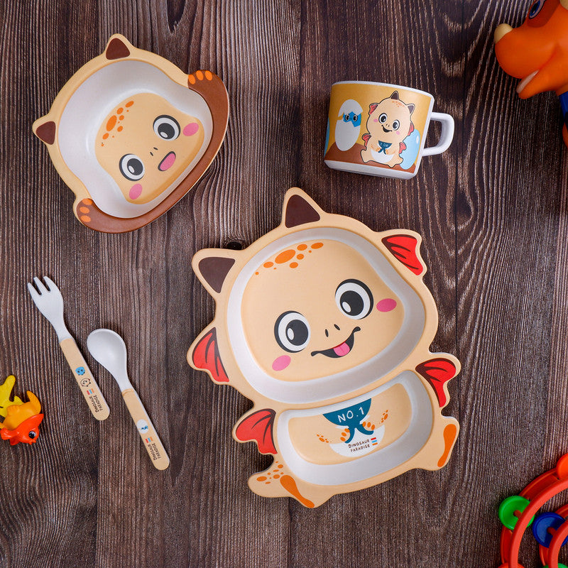 Bamboo Kids Dinner Set | Baby Dinosaur | Peach | Set of 5