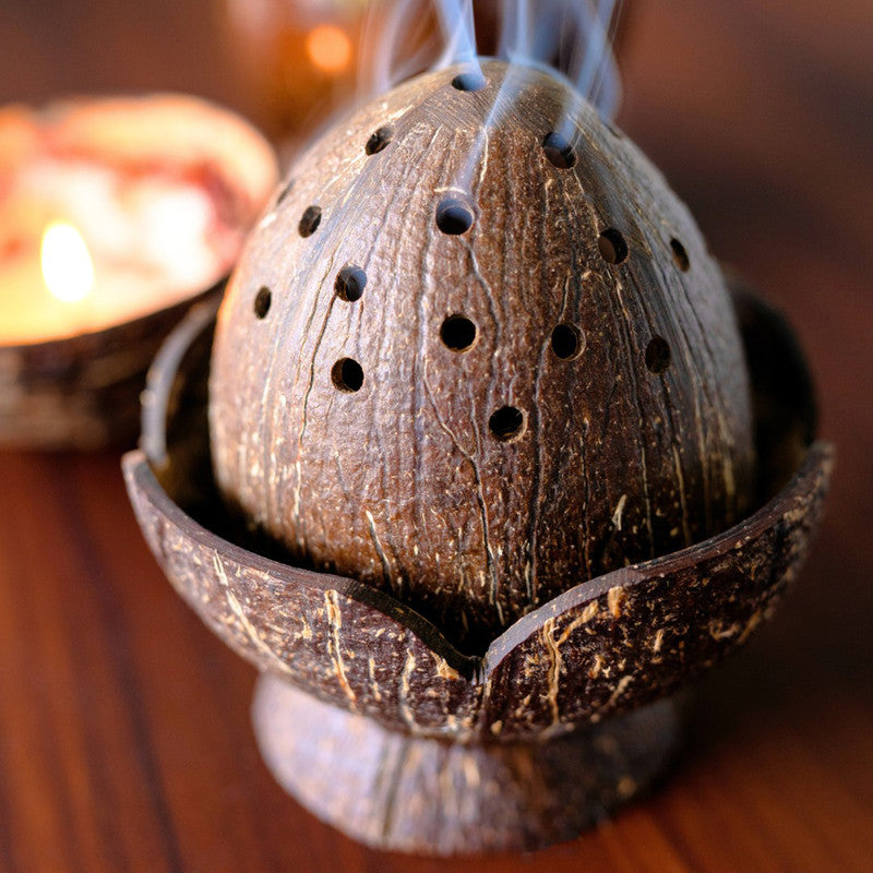 Coconut Shell Dhoop Stand | Wooden Incense Stick Holder | Brown