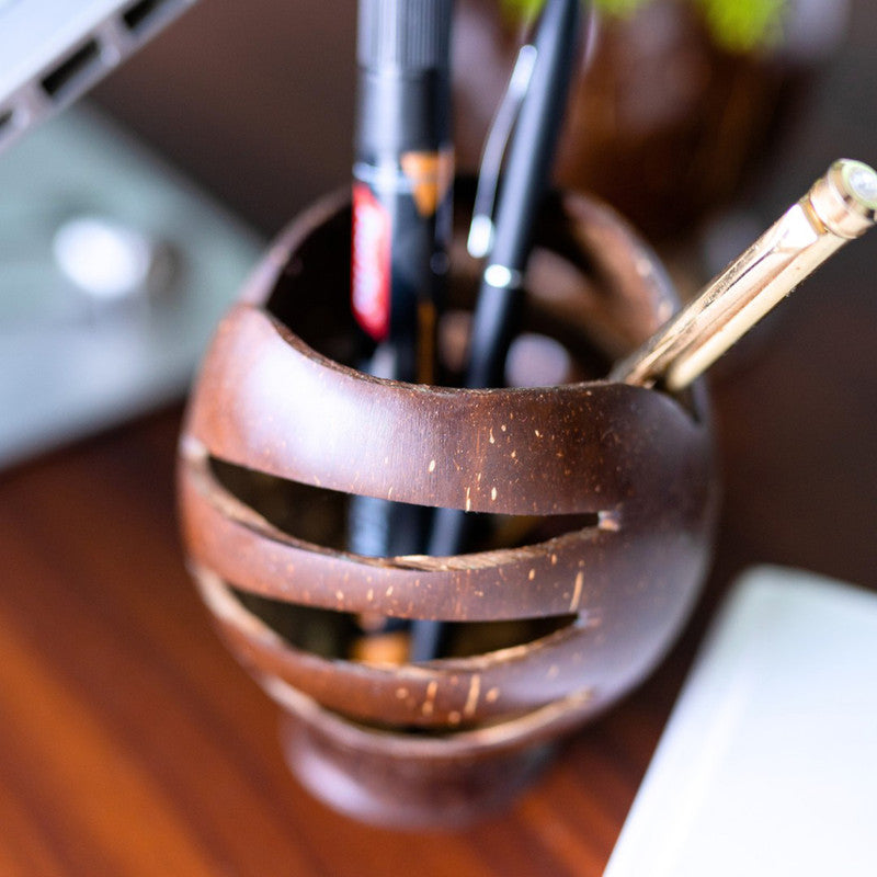 Coconut Shell Pen Holder Stand | Wooden Pen Holder | Brown