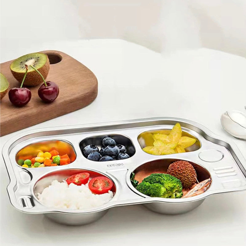 Stainless Steel Divided Plate | 5 Compartments Tray | Bus shape | Set of 2