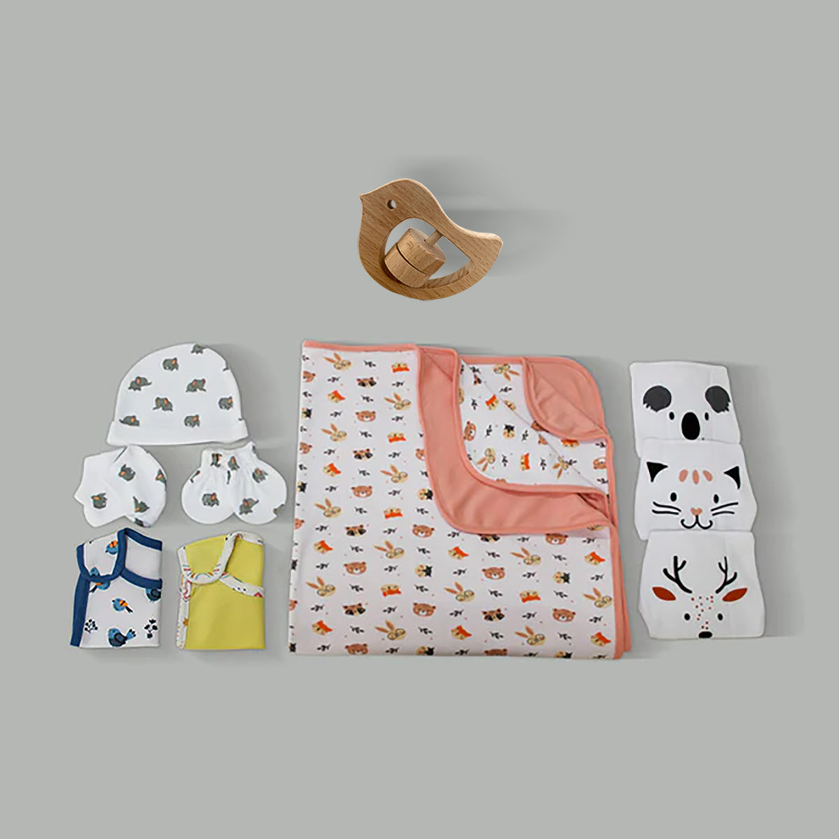 Snuggle Buddies Baby Gift Hamper | Organic Bamboo Cotton | Set of 9 | Free Wooden Rattler