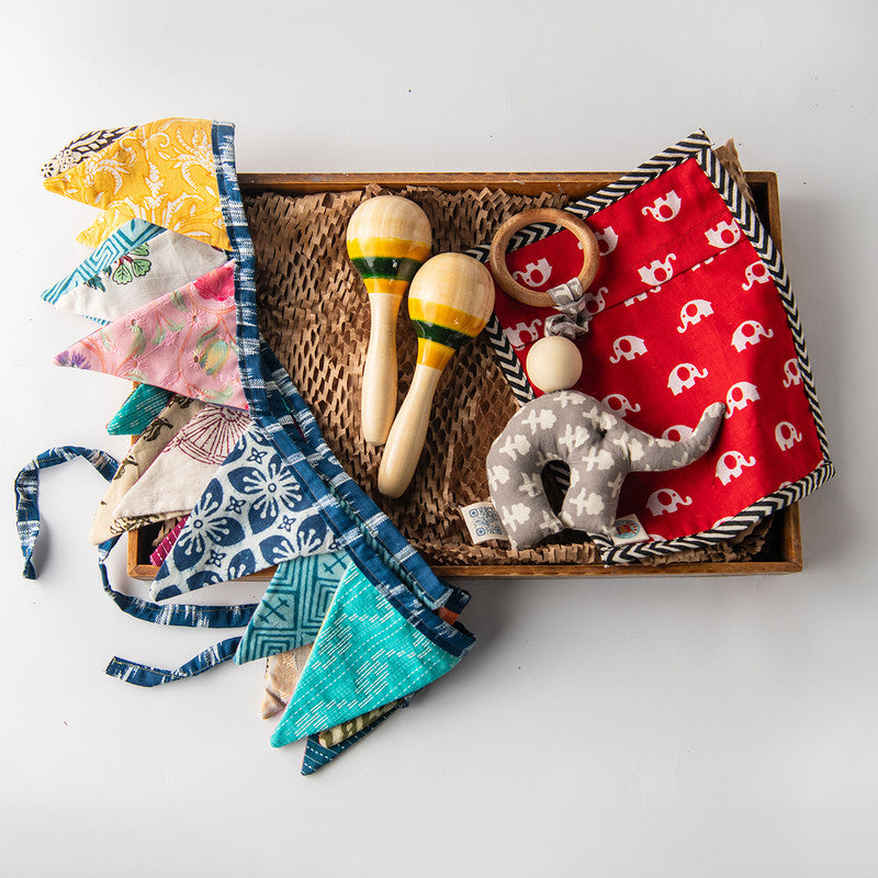 Wooden Toys For Kids | Sensory Adventure Box | Pack Of 5 | 2 Maracca Rattles, Plush & Cuddle Elephant Toy, Herb Bag & Zero Waste Bunting